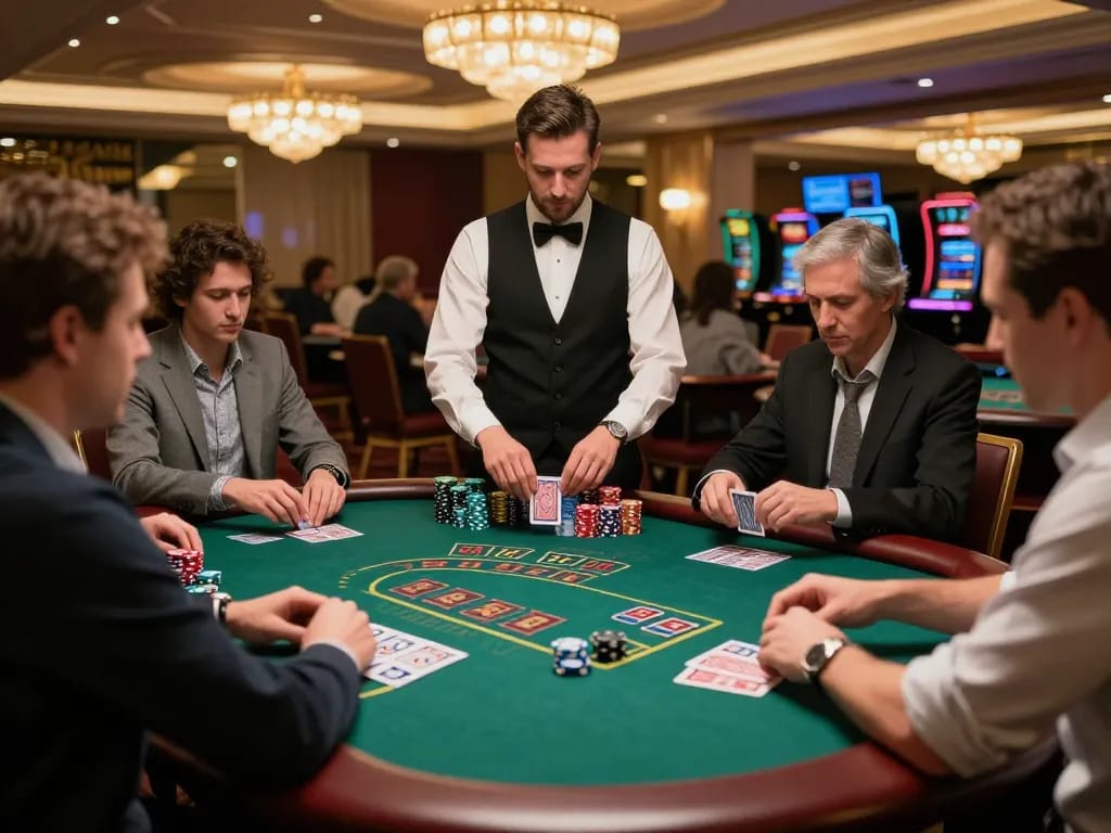 E2bet players intensely strategizing at a blackjack table in a luxurious casino.