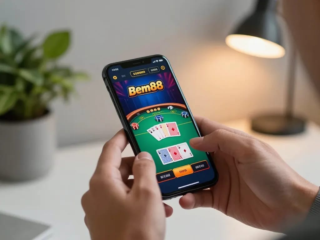 Player engaging with the Bem88 casino app on smartphone, immersing in exciting betting experience