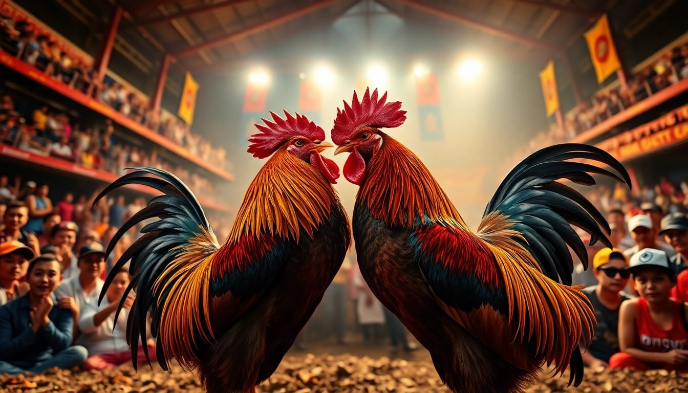 Exciting live rooster fight scene at sv368win.live, showcasing a diverse crowd and vibrant action.