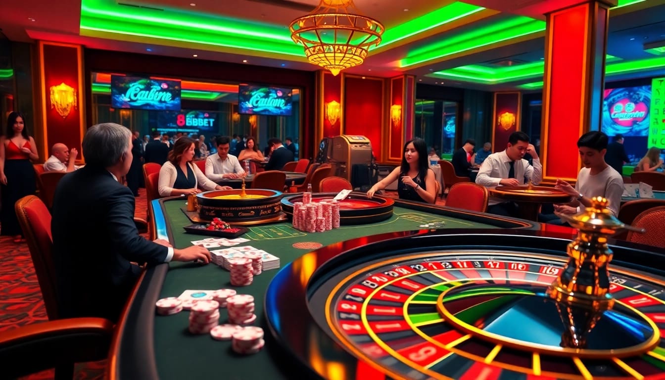 A captivating casino scene showcasing the excitement of gambling with 8kbet, featuring poker chips and a roulette wheel.