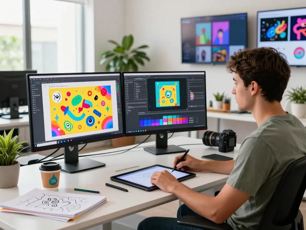Designer using Nano Banana 2 AI image editor in a bright creative workspace.