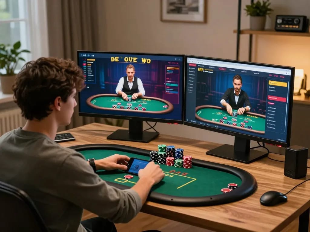 Engaged player at home with 678vip online casino interface, showcases dynamic gambling experience.