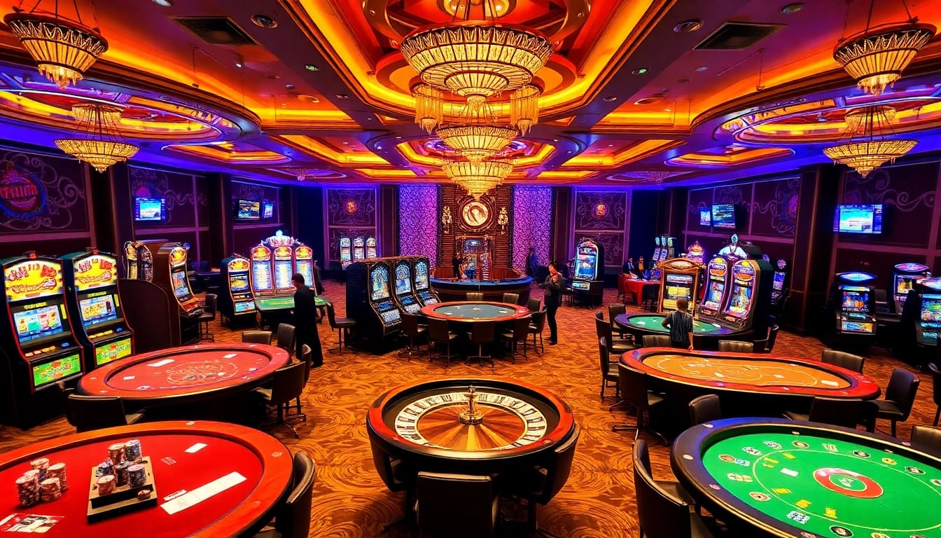 Experience the excitement of gambling at the trang chủ 789club, featuring vibrant casino tables, bright slot machines, and enthusiastic players.