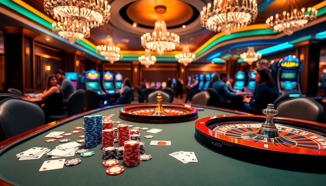 Experience the thrilling atmosphere of casino f168 with vibrant game tables and excited players.