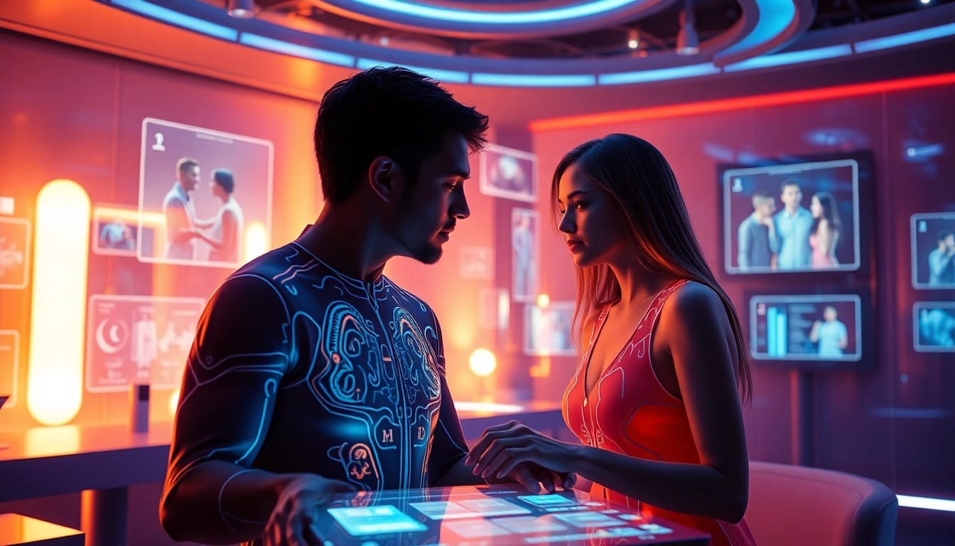 Immersive visual of futuristic AI interaction focused on sex ai connections and digital companionship.