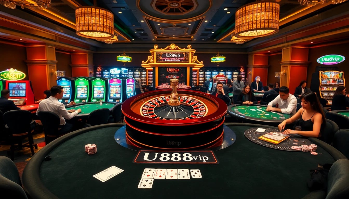 Excited players at U888vip casino, enjoying roulette and poker in a vibrant gaming atmosphere.