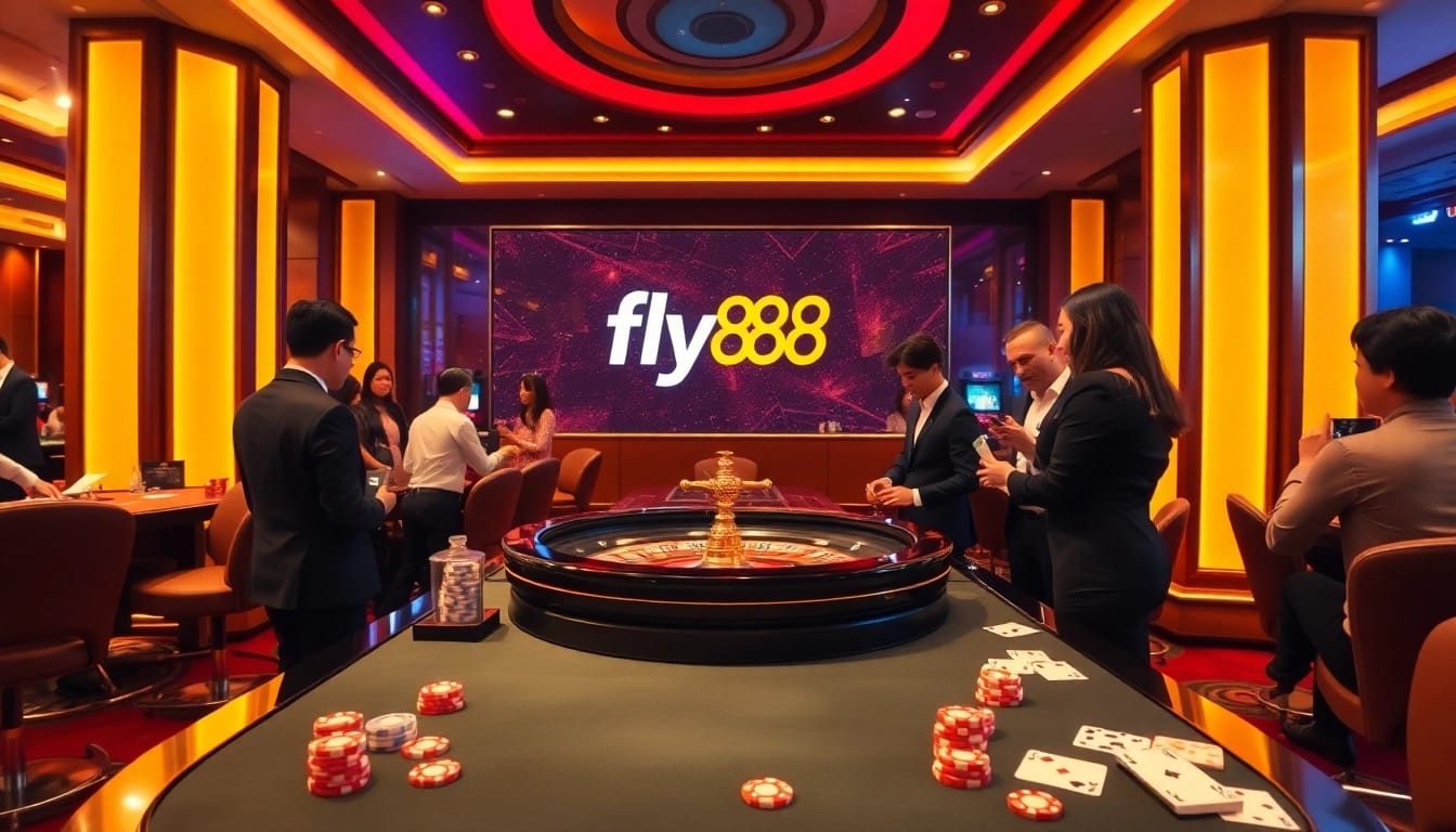 Experience the excitement of fly88 in a luxurious casino setting with roulette and poker games.