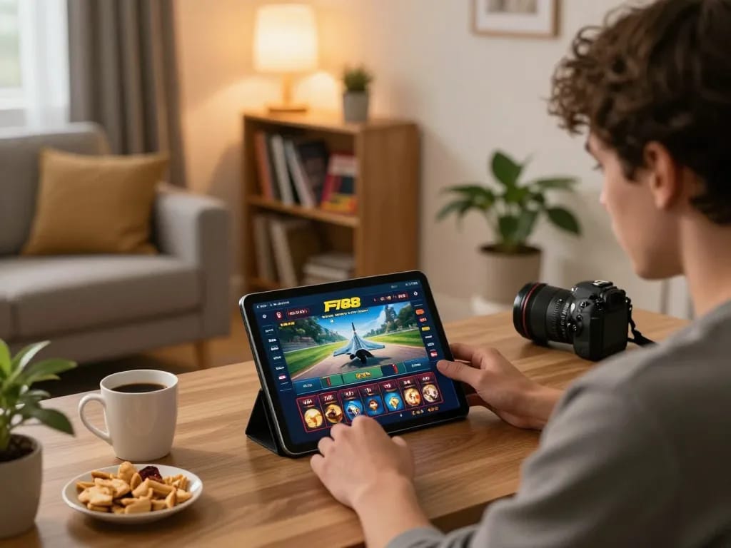 Player engaging with the F168 online casino game on a tablet in a cozy home setting.