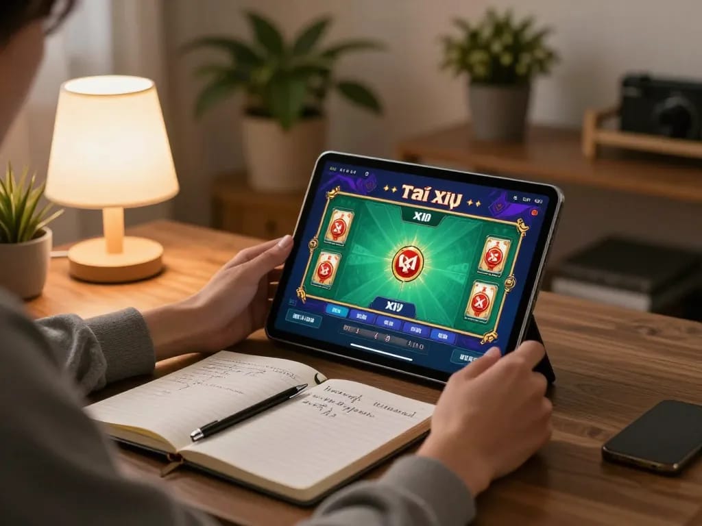 Tài xỉu online game interface displayed on tablet, showcasing strategic gambling in a cozy home setting