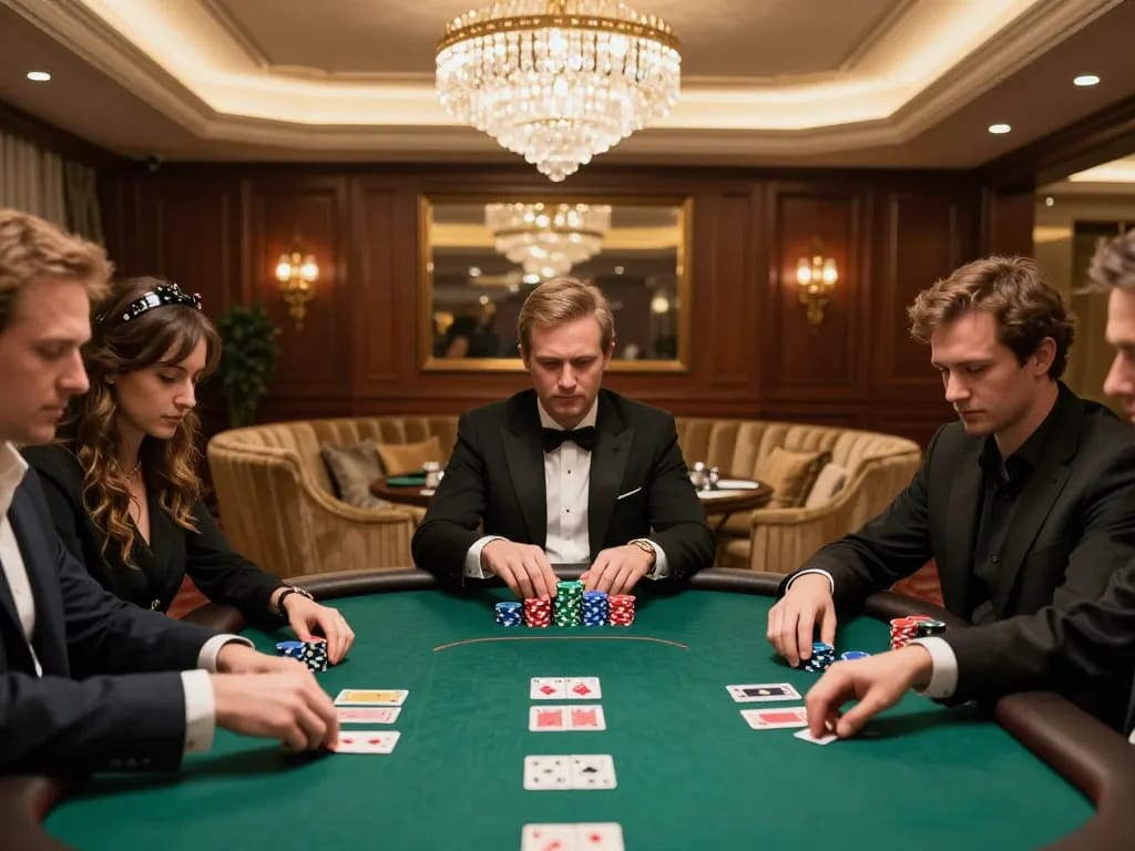 S8 players strategizing in a high-stakes poker game, elegant setup with vibrant chips.