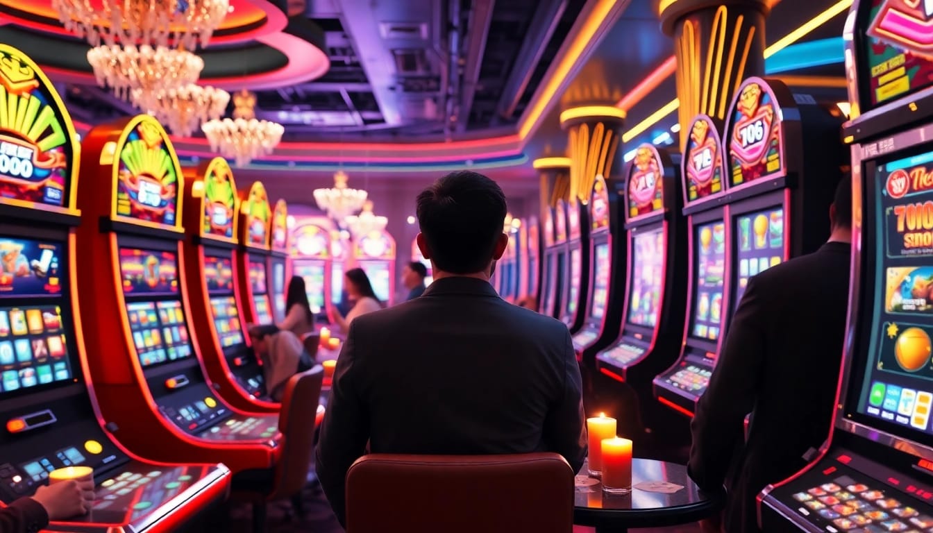 Players enjoying a thrilling gaming experience at the vibrant birutoto slot machines in a luxurious casino.
