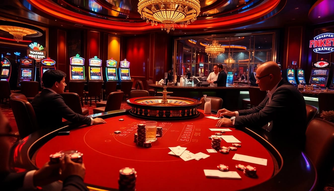 Engaging high-stakes poker game at Bet88 with vibrant slot machines, reflecting Keonhacai Bet88 excitement.