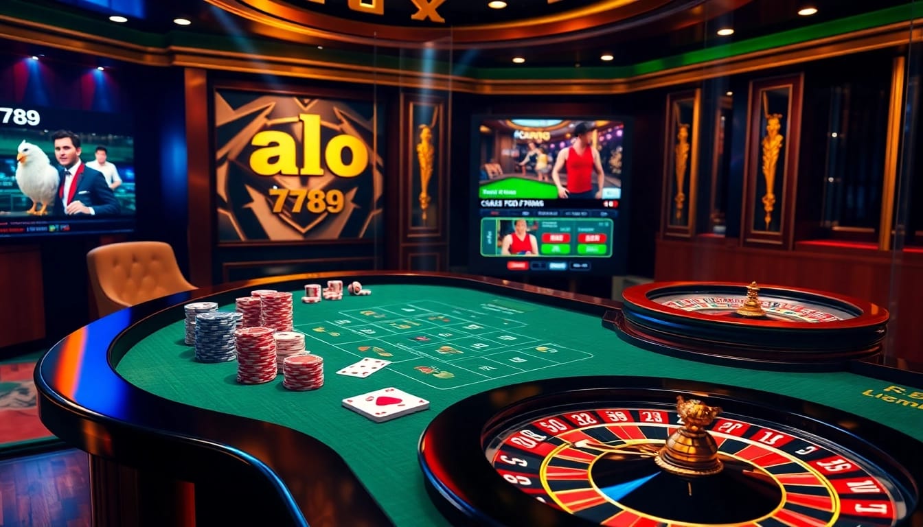 Betting in an engaging online casino scene featuring alo 789 with cards, chips, and a roulette wheel.