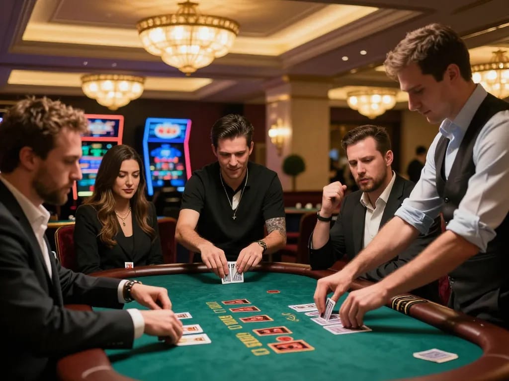 az888 blackjack table with players focused on cards and dealer shuffling, capturing high-stakes gaming