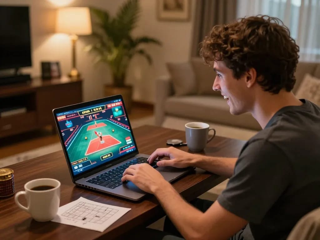 Engaged player enjoying slot games at KO66 online casino on laptop, warm atmosphere of home gaming.