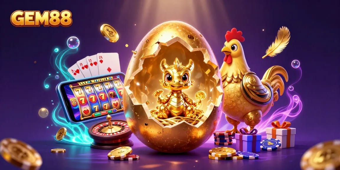 Experience the excitement of GEM88 with a golden baby dragon and vibrant slot games.