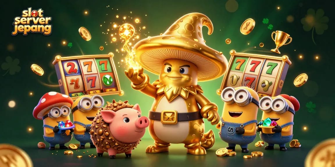 Experience the excitement of slot server jepang with a treasure-filled magic scene, showcasing golden characters and dynamic elements.
