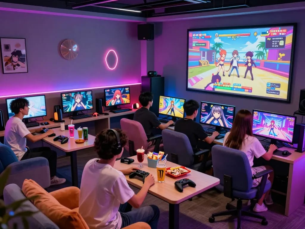 Engaged group enjoying free porn games in a vibrant gaming lounge, showcasing diverse characters and interactive scenarios.
