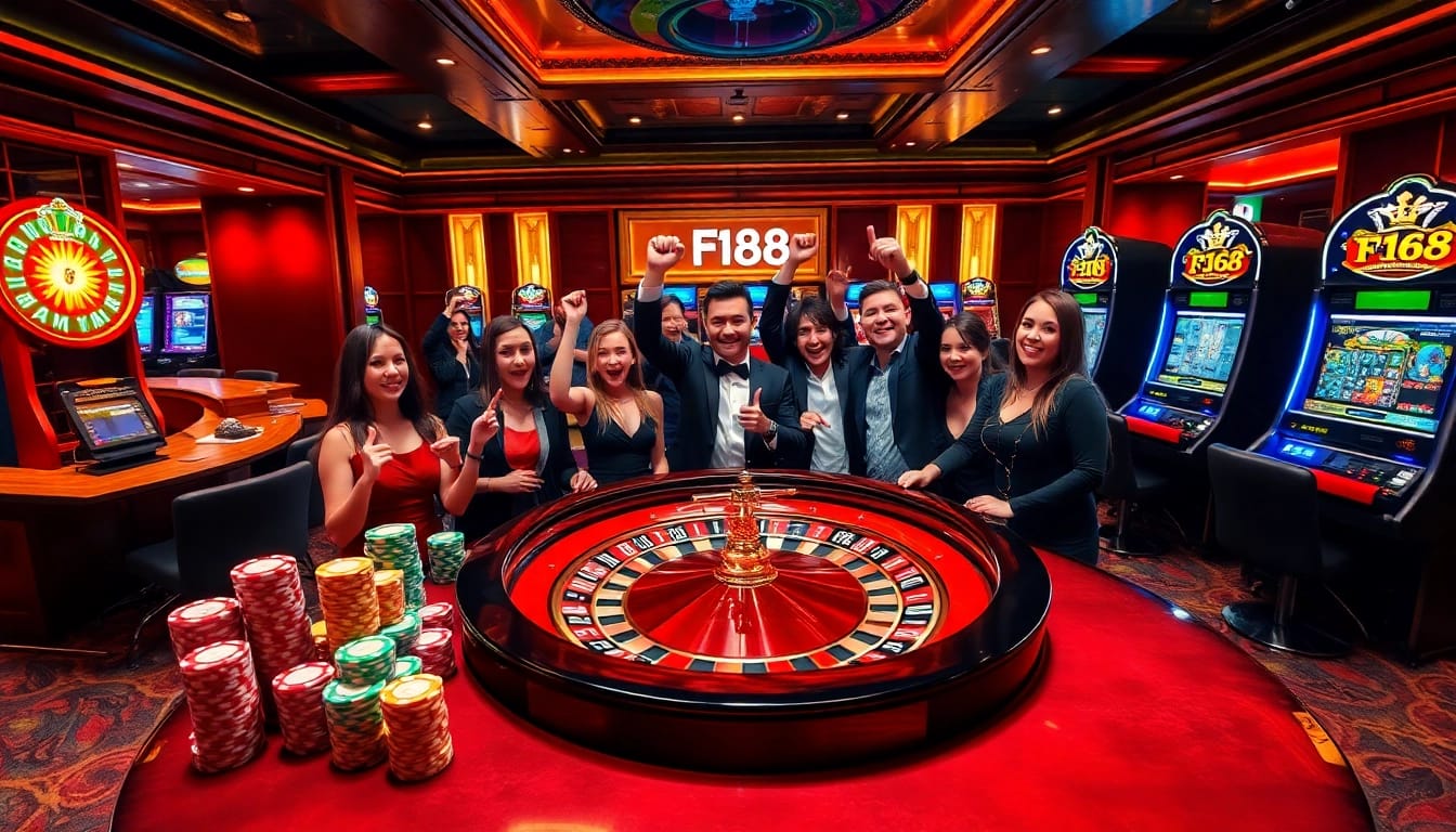 Players enjoying their winnings at F168 casino with vibrant tables and neon lights.