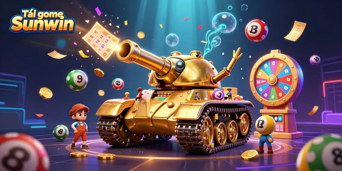Tải game Sunwin in a vibrant 3D casino illustration showcasing a golden beetle tank, lottery balls, and confetti.