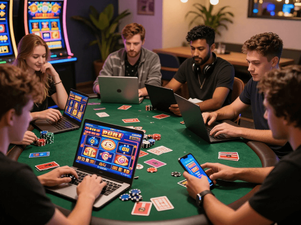 Exciting online gaming experience showcasing players enjoying non UK slots on laptops in a vibrant atmosphere.
