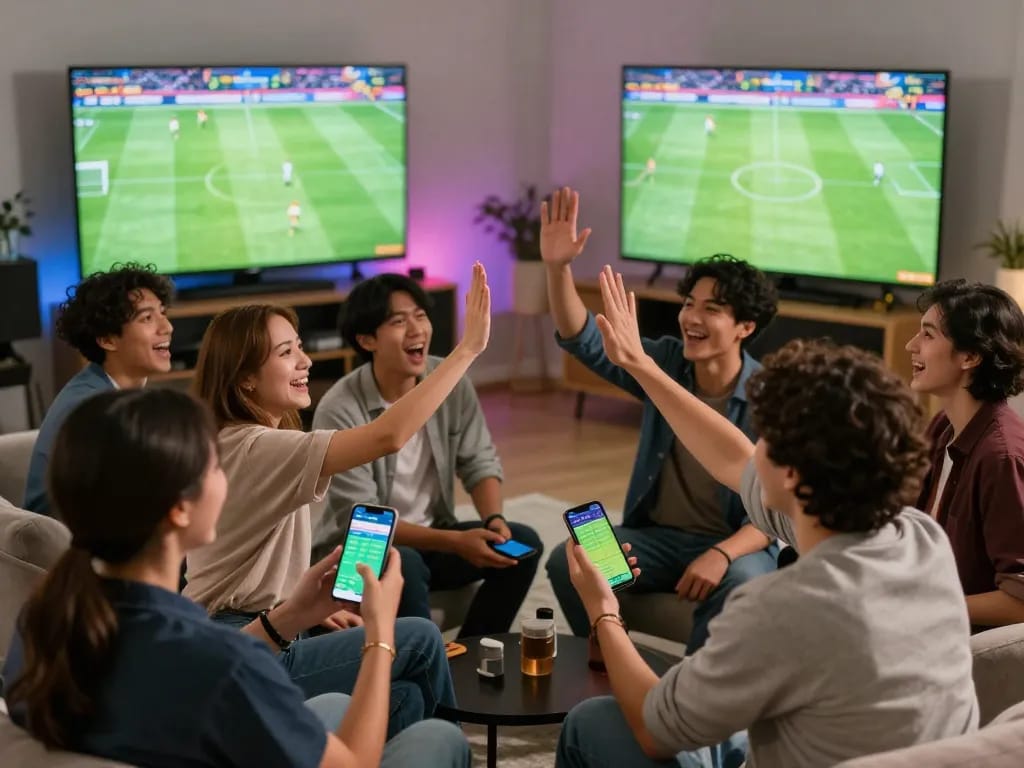 Socolive enthusiasts engaging in live sports betting during a football match, showcasing excitement and teamwork.