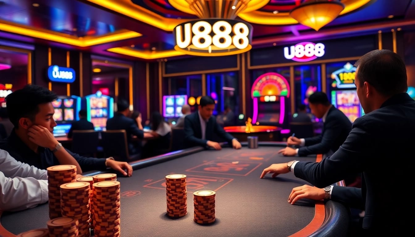 Experience the thrill of U888 with players at a sophisticated poker table in a luxury casino.