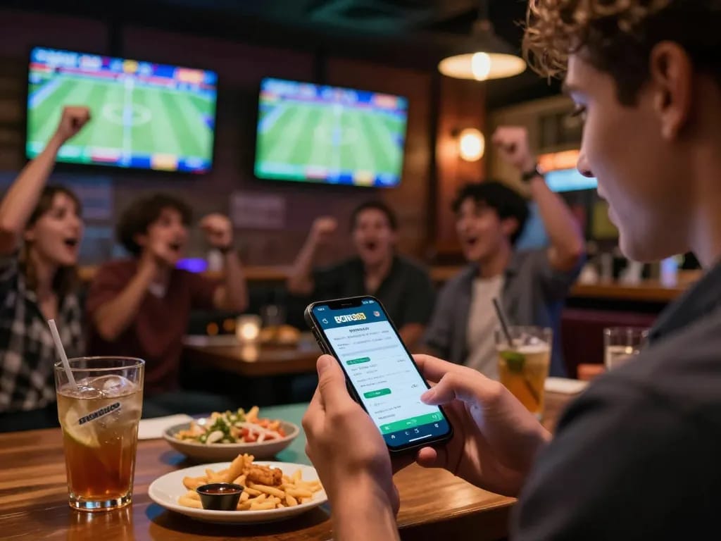 BONG88 user actively placing a bet on a dynamic sports event using a smartphone, lively sports bar atmosphere.