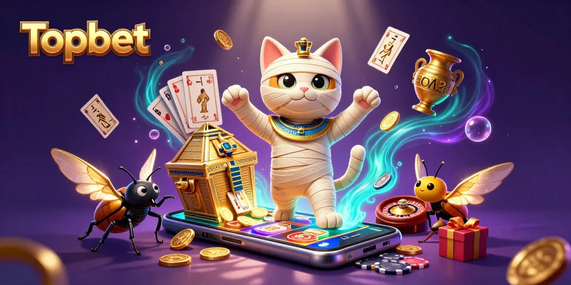 Topbet gaming scene featuring a mummy cat, gold coins, and dynamic slot action.