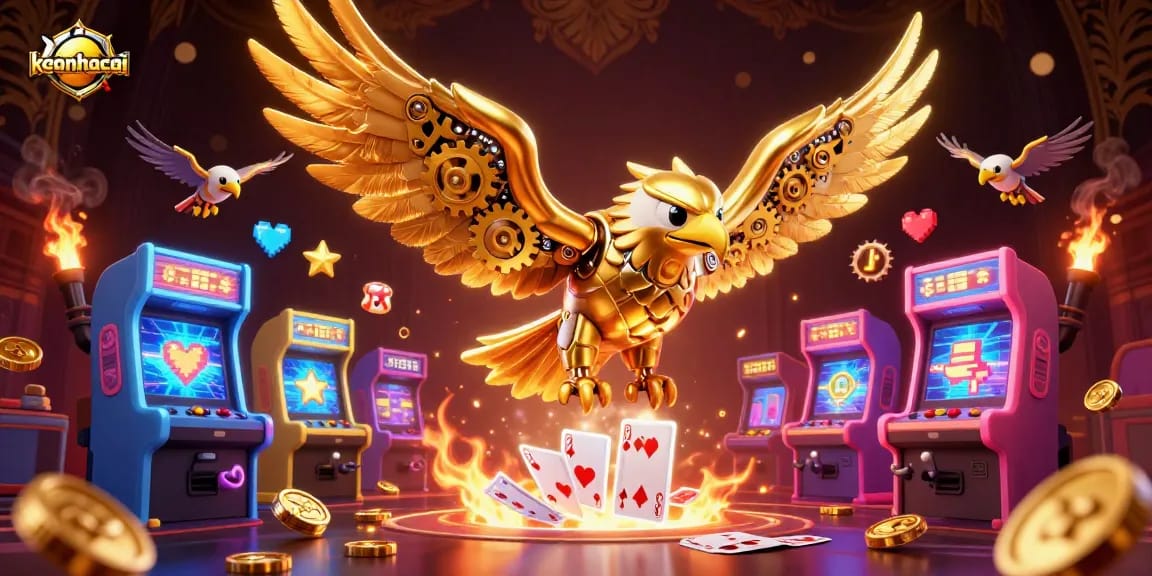 Experience keonhacai action with a dynamic golden eagle diving among holographic cards.