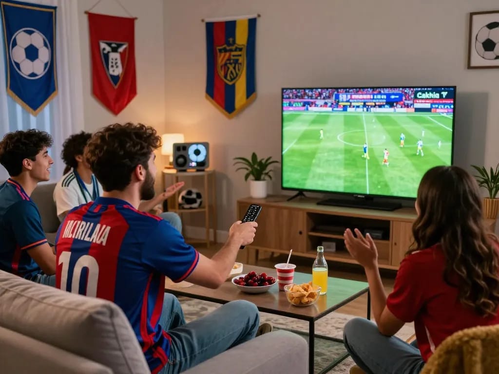Cakhia TV live soccer match experience in a lively home setting with fans watching.