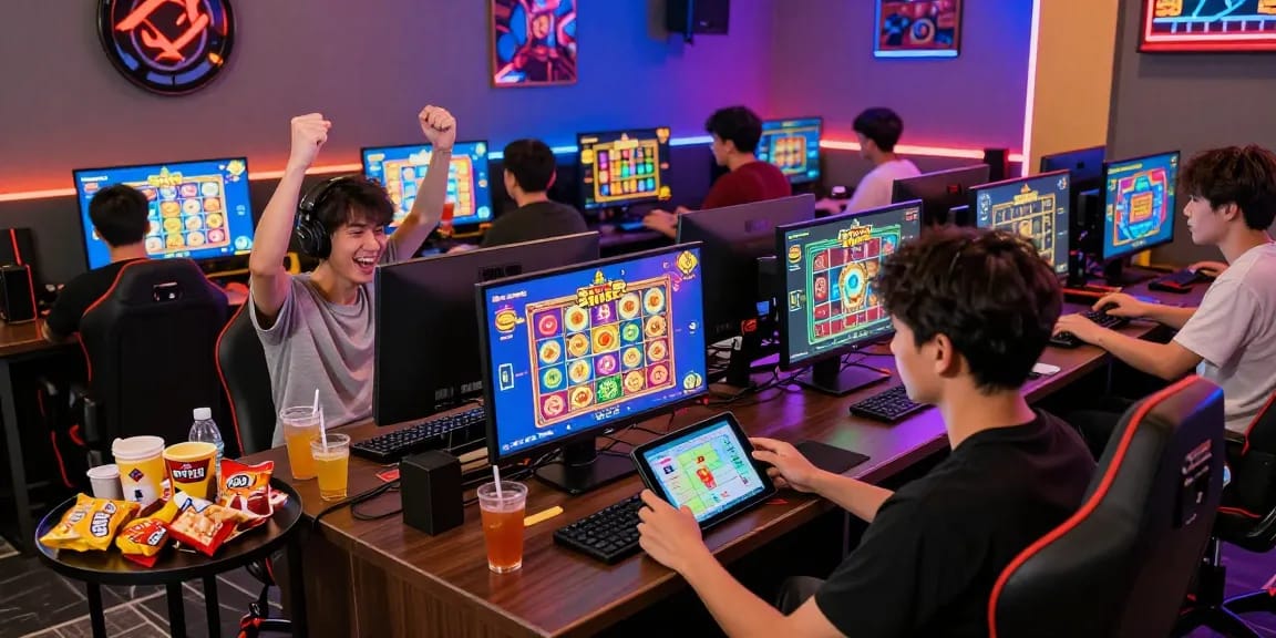 Pengalaman bermain di Super59 dengan pemain bahagia di ruang bermain slot online yang penuh warna.