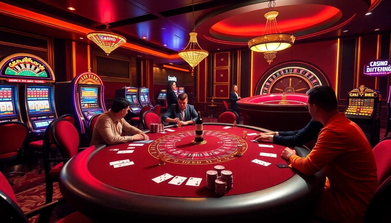 Casino FB88 vibrant scene showcasing players engaged in poker at a luxurious casino.