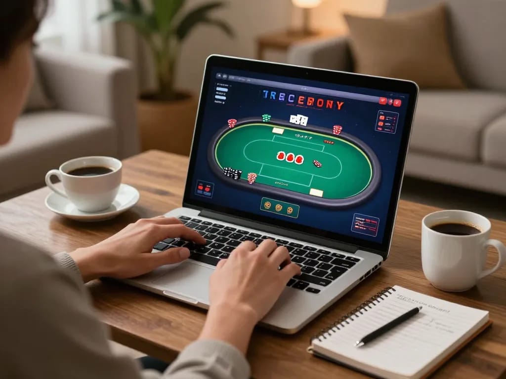 Player enjoying 8kbet online poker at home with strategic notes and ambient lighting