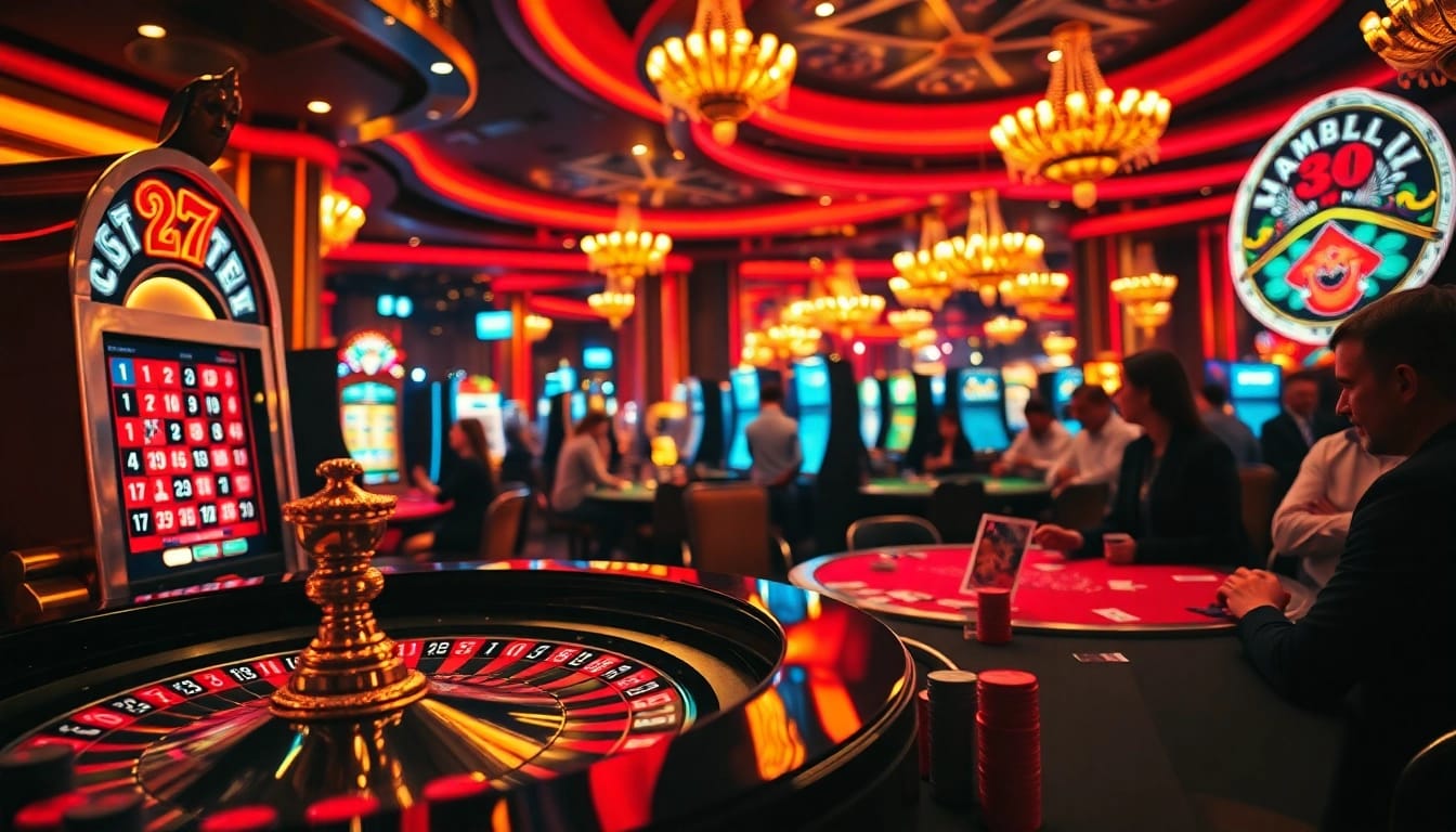 Engaging scene of "dabet hoa kỳ" casino excitement with players at roulette and slot machines.