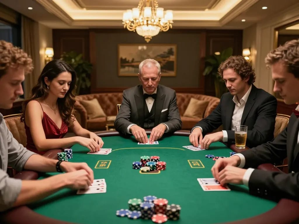 Players engaged in a thrilling poker game at a private table, showcasing the 8XBET gaming experience.