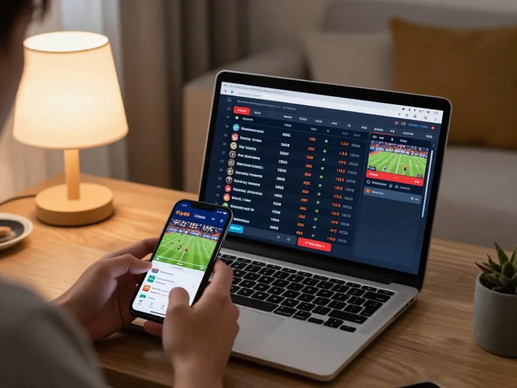 Player using the Fly88 app for sports betting while engaging with live updates on a laptop.