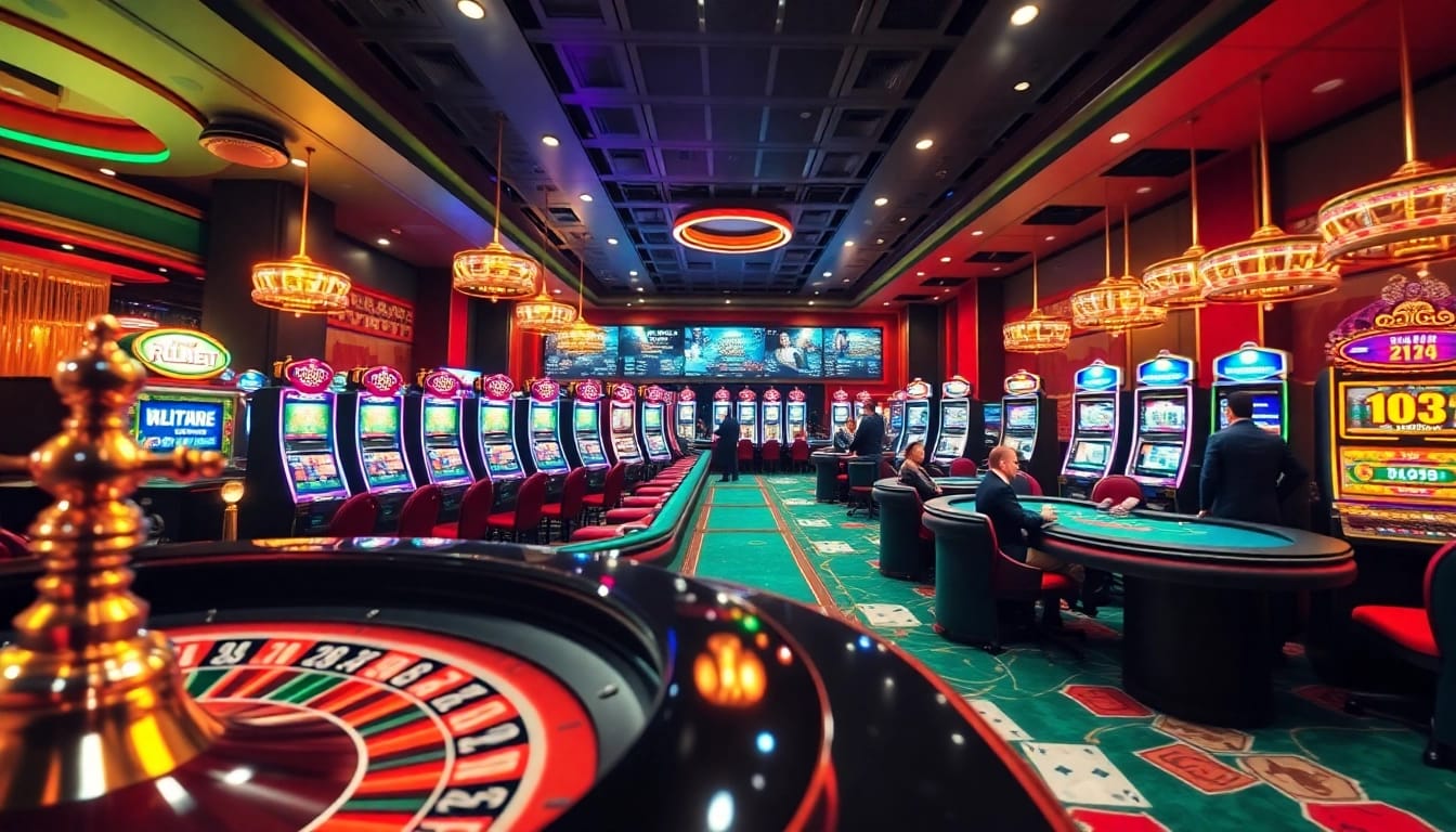 Engaging scene at F8bet casino featuring roulette and blackjack tables with colorful slot machines.