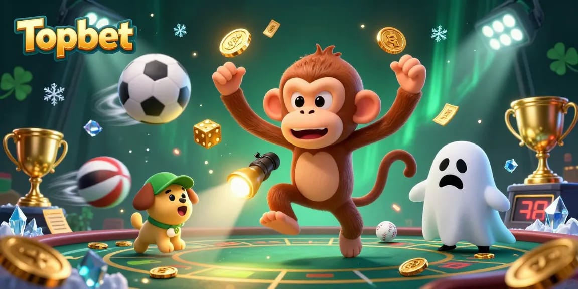 Topbet’s mischievous monkey juggles gold while a curious puppy tracks him, showcasing thrilling casino fun.