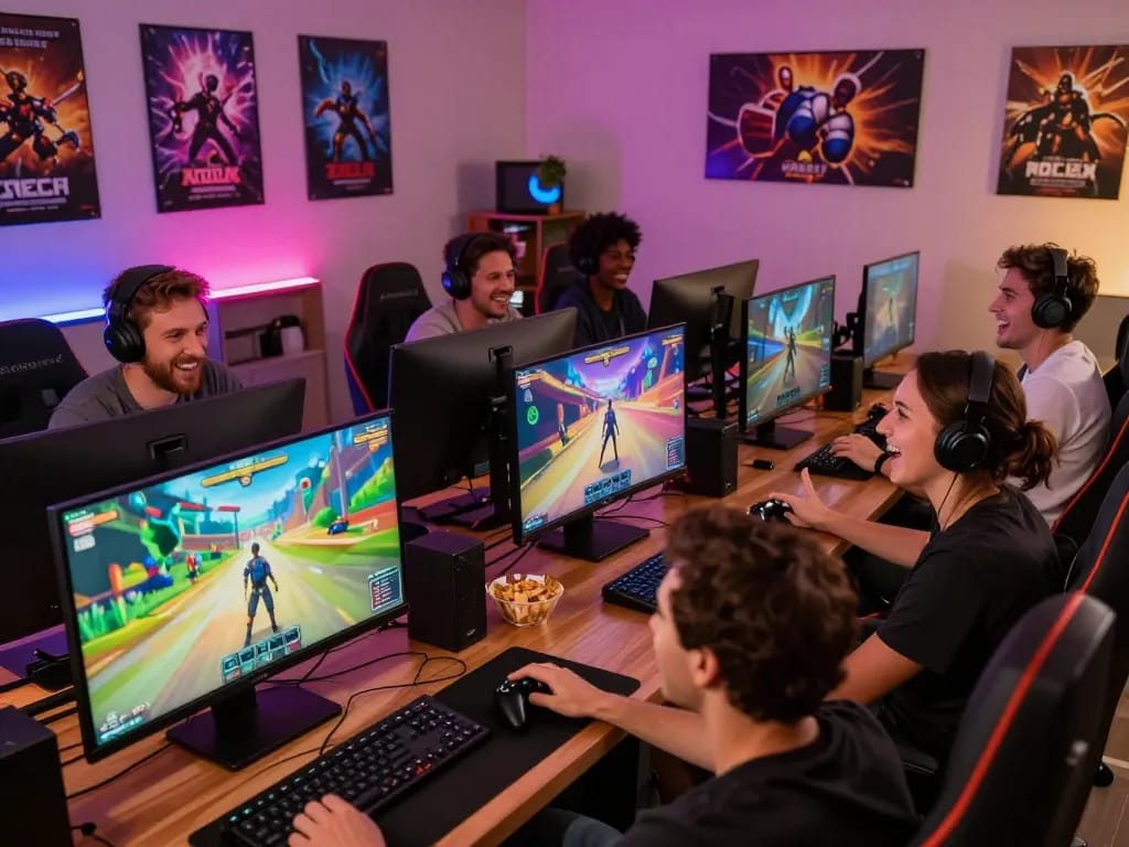 Group enjoying a multiplayer sex simulator game with vibrant visuals and immersive experience.