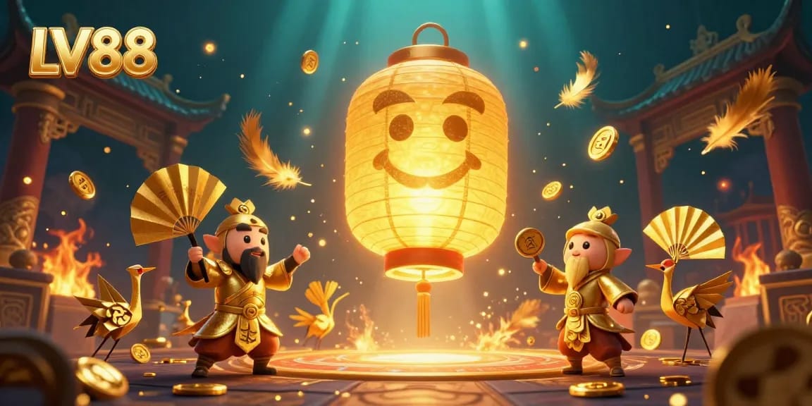 Engage with the enchanting world of LV88, showcasing golden lantern spirits and vibrant casino elements.