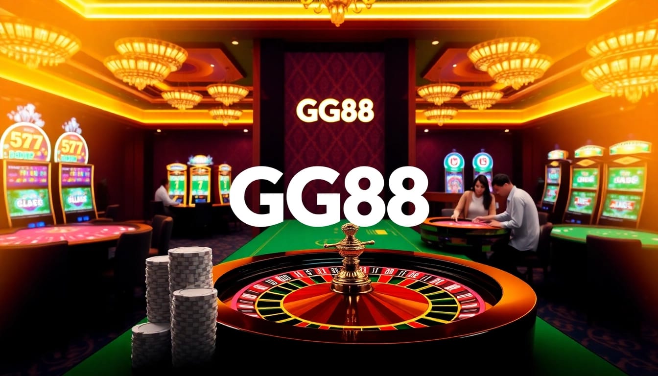 GG88 casino scene capturing players enjoying poker and roulette in a vibrant, luxurious setting.