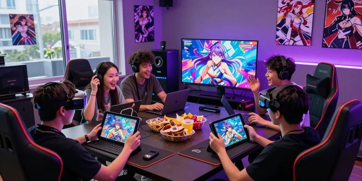 Engaged players enjoying a vibrant hentai game in a tech-savvy gaming room.