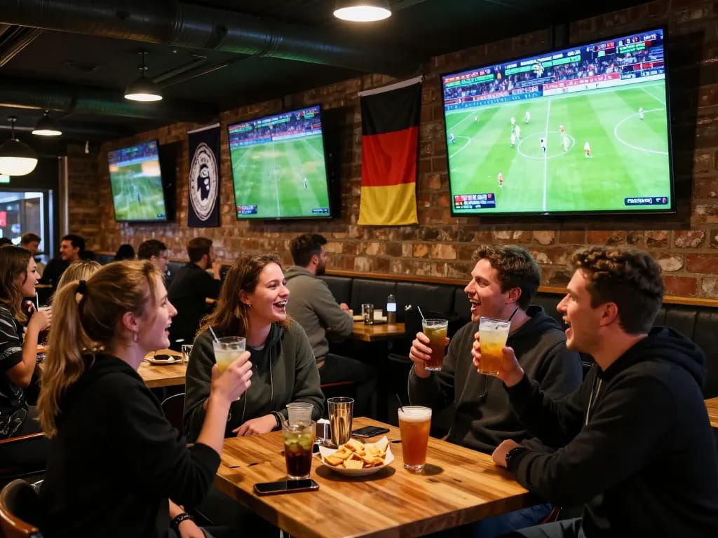 KQBD football enthusiasts celebrating live match action in a spirited sports bar atmosphere.
