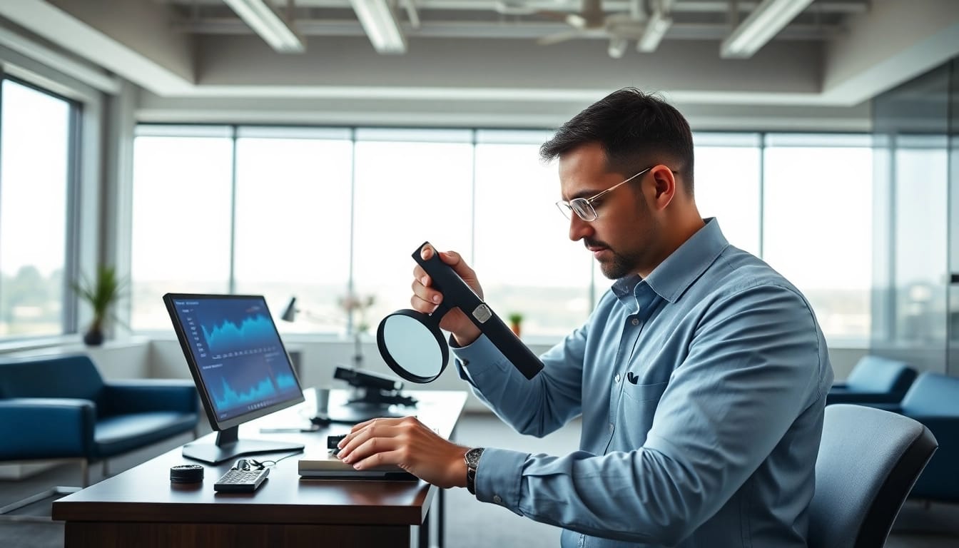 Water leak Detection Specialist analyzing advanced leak detection tools in a modern, well-lit office.