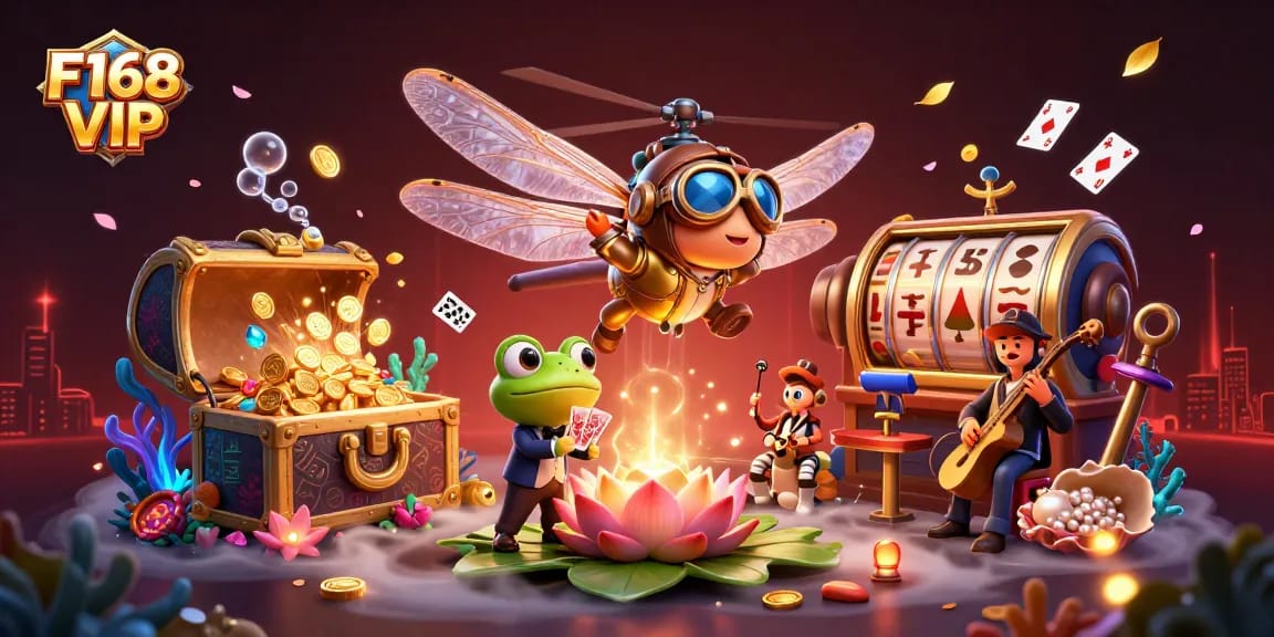 Experience thrilling gameplay at F168 VIP with dynamic casino illustrations featuring engaging characters and vibrant elements.