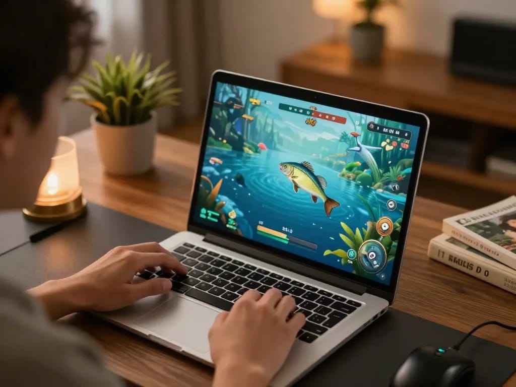 Mẹo chơi bắn cá online with a player focused on a vibrant fishing game on their laptop at home.