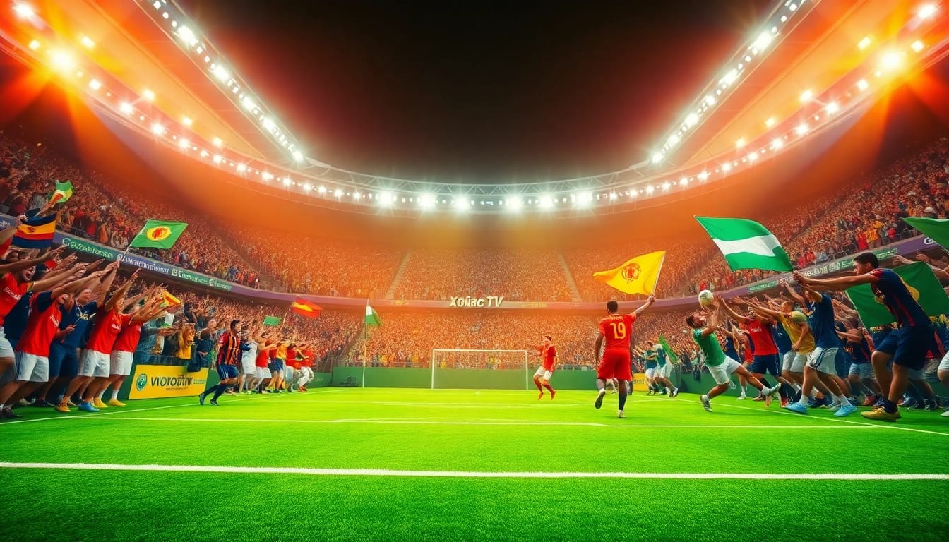 Xoilac.com captures the thrilling atmosphere of a football match with fans and players in action.