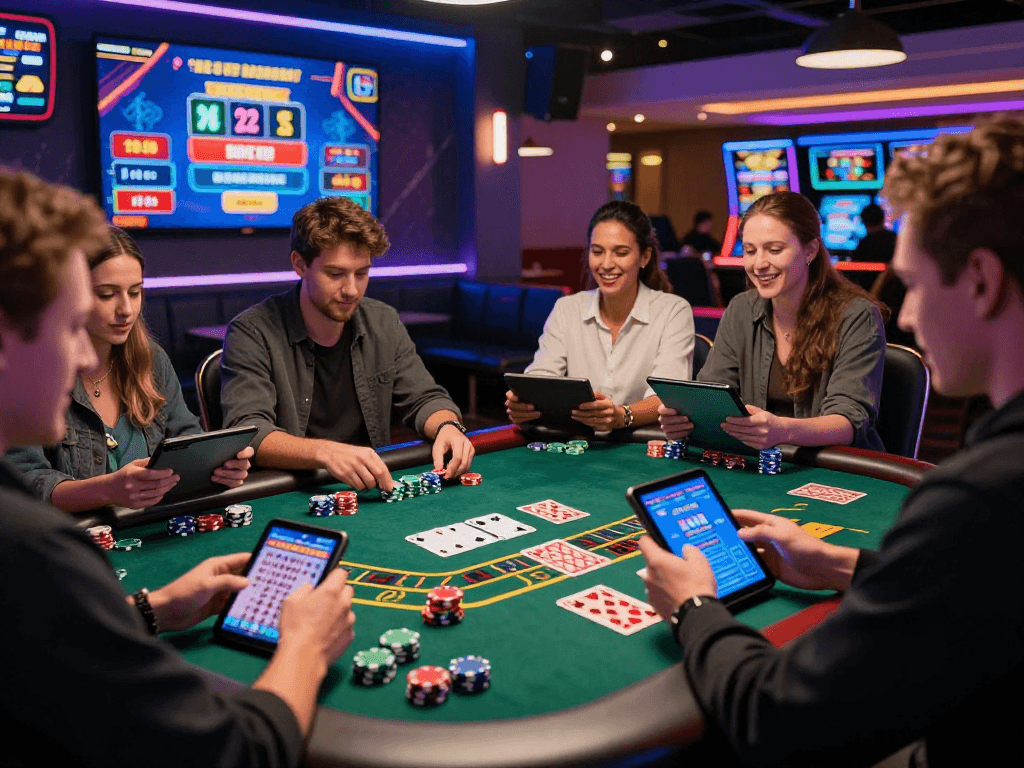 Exciting live dealer game at USA casinos for UK players, showcasing colorful chips and happy players.