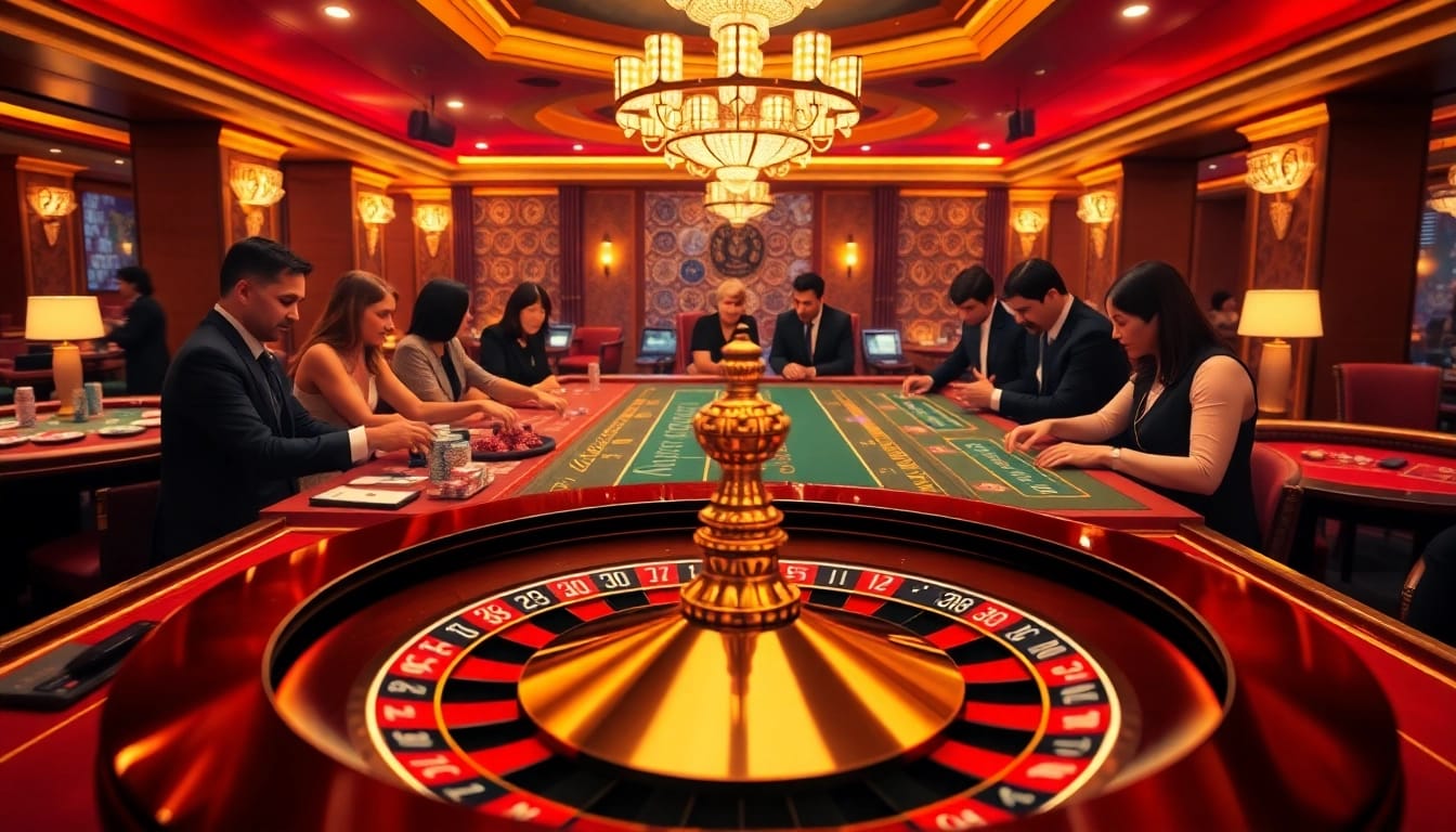 Engaged players at a high-stakes table enjoying game bài đổi thưởng in a luxurious casino setting.